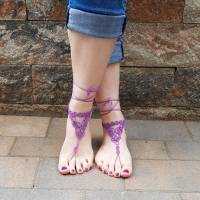 Barfuß Sandalen Fußschmuck Fußkettchen Lila geknotet aus Baumwollgarn Hochzeitsschmuck Bild 1