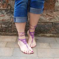 Barfuß Sandalen Fußschmuck Fußkettchen Lila geknotet aus Baumwollgarn Hochzeitsschmuck Bild 2
