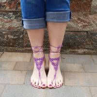 Barfuß Sandalen Fußschmuck Fußkettchen Lila geknotet aus Baumwollgarn Hochzeitsschmuck Bild 3