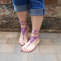 Barfuß Sandalen Fußschmuck Fußkettchen Lila geknotet aus Baumwollgarn Hochzeitsschmuck Bild 4