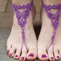Barfuß Sandalen Fußschmuck Fußkettchen Lila geknotet aus Baumwollgarn Hochzeitsschmuck Bild 5