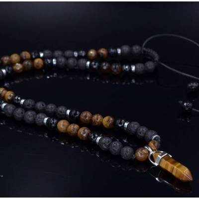 Herren Halskette aus Edelsteinen Tigerauge Achat Lava Hämatit mit Anhänger, Länge 61 cm