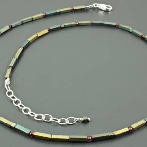 Hämatitkette mit Granat-Perlen, zarte Halskette, Hämatit, Rechtecke und Würfel, granatrot, Geschenk Bild 3