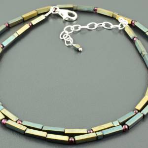 Hämatitkette mit Granat-Perlen, zarte Halskette, Hämatit, Rechtecke und Würfel, granatrot, Geschenk Bild 4