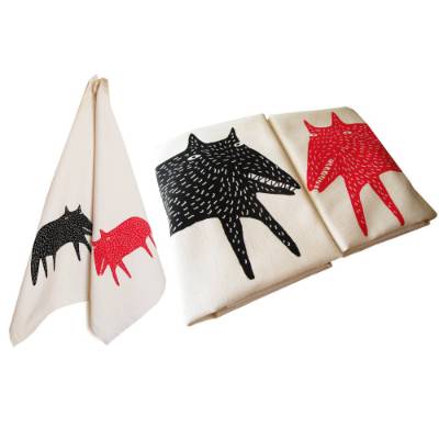 Wolf und Fuchs, 2-er Set Bio Geschirrtücher, Biobaumwolle, Siebdruck handbedruckt.