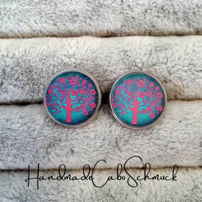 12mm Holzcabochon Ohrringe, Baum, Natur, Lebensbaum, blau rot