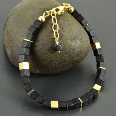 Armband mit Onyx, vergoldetes 925er Silber, Würfelarmband, Edelsteine, Armkettchen, Würfelschmuck, schwarz, gold, Gesche