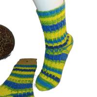 handgestrickte Socken, Größe 38/39, 4fach Sockenwolle, blau gelb grün, mit Hebemaschen Bild 5