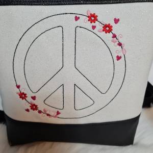 Handtasche Peace Zeichen Umhängetasche weiss Glitzer schwarz Tasche mit Anhänger Kunstleder Bild 3