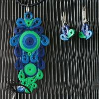 ►2021-q-0018◄ Halskette / Collier mit Quillinganhänger und passenden Ohrringen in Blau/Grün Bild 1