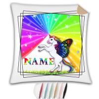 Kissen mit Name / Kissenbezug mit Füllung / satiniert oder kuschlig auch mit farbiger Rückseite / Einhorn Regenbogen Bild 1