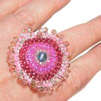 Ring pink rosa verstellbar handgefertigt mit Glasperlen Unikat silberfarben Bild 2