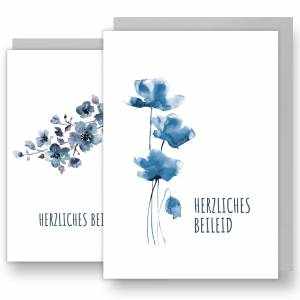 Beileidskarten Trauerkarten mit Aquarell Blumen Motiv, 4 große Kondolenzkarten (A5) mit grauem Umschlag Bild 1