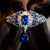 verzierte Haarspange,  Haarschmuck,Hochzeit, Fest, Kommunion, geschiffene Glassteine, blau Bild 4