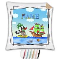 Kissen mit Name / Kissenbezug mit Füllung / satiniert oder kuschlig auch mit farbiger Rückseite / Pirat Piratenschiff Bild 1