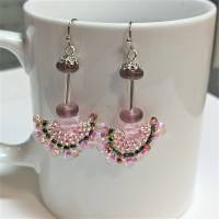 Funkelnde Ohrringe rosa flieder grün handgemacht mit Glastropfen pink an silberfarben Bild 4