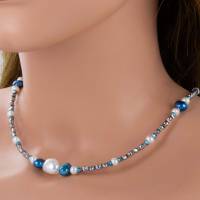 Hämatin Kette mit Perlen Weiß Blau Silber Karabinerverschluss Bild 3