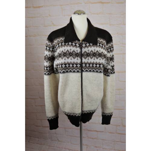 True Vintage 90er Herren Strickjacke Scandi Norweger M 50 Strickcardigan Unisex Beige Dunkelbraun Wolljacke Cardigan