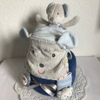 Sinnvolle Geschenke Junge Geburt Windeltorte unvergessliche Taufe Schmusetuch Rasselsöckchen Lätzchen Maus Auto blau Bild 5