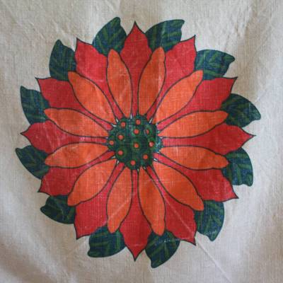 Decke aus Jute mit bunter Blüte 70er Jahre