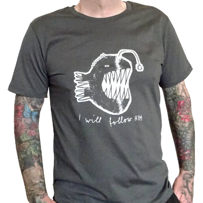 Anglerfisch, I will follow him. Bio Fairtrade T-Shirt Männer, grau, mit handgedrucktem Siebdruck, Größe 3XL
