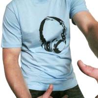 Kopfhörer Bio T-Shirt. Gr. S Männer, hellblau. Siebdruck handbedruckt Bild 1