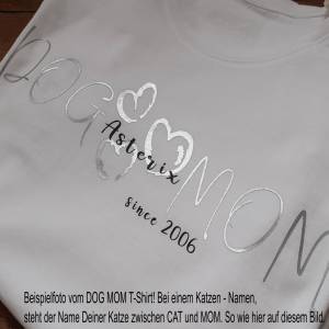 Katzen Mama T-Shirt personalisiert, Bio Baumwolle weiß, mit silbernen reflektierendem Schriftzug, CatMom Bild 5