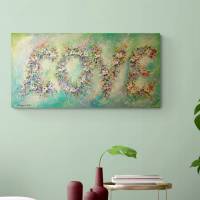 LOVE  - romantisches Blumenbild mit Glitter 100cmx50cm - rosa Rosen und Glockenblumen gemalt mit Glitter Bild 2