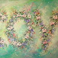 LOVE  - romantisches Blumenbild mit Glitter 100cmx50cm - rosa Rosen und Glockenblumen gemalt mit Glitter Bild 5