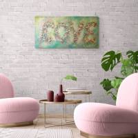 LOVE  - romantisches Blumenbild mit Glitter 100cmx50cm - rosa Rosen und Glockenblumen gemalt mit Glitter Bild 9