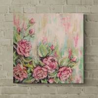 SOFT PINK ROSES - romantisches Blumenbild mit Glitter 60cmx60cm - abstrakt gemalte Rosen Bild 1
