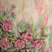 SOFT PINK ROSES - romantisches Blumenbild mit Glitter 60cmx60cm - abstrakt gemalte Rosen Bild 2