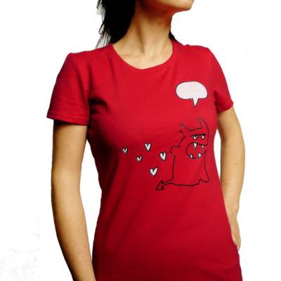 Teufelchen mit Sprechblase, Bio T-Shirt für Frauen, XL, rot. Monster Illustration auf T-Shirt aus Biobaumwolle