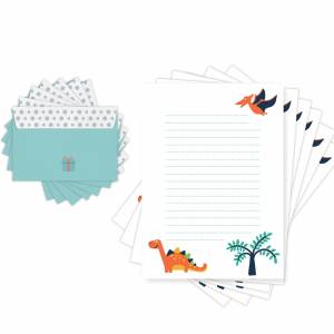 Dino Briefpapier Set, Kinder Briefpapier mit Dino Motiv, A4 Briefpapier liniert, 20 Briefbögen mit 20 Umschlägen für Mäd Bild 1