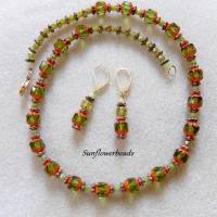 Kette und Ohrringe aus Glasperlen, grün orange, Schmuckset Bild 1