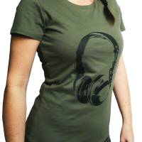 Kopfhörer, Bio T-Shirt Frauen, Siebdruck, handbedruckt, oliv Bild 1