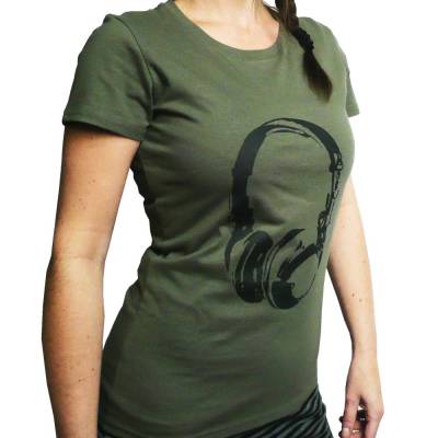 Kopfhörer, Bio T-Shirt Frauen, Siebdruck, handbedruckt, oliv
