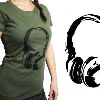 Kopfhörer, Bio T-Shirt Frauen, Siebdruck, handbedruckt, oliv Bild 2