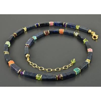 Dumortierit Kette mit bunten Edelsteinen und vergoldetem 925er Silber, Halskette Collier dunkelblau Lapislazuli, Türkis 