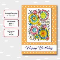 Geburtstagskarte als Sofort-Download, jpg-Datei zum ausdrucken, Digital-Download in Formaten: A5 A6, Kringel orange Bild 1