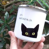 Emaille Becher mit Katzenmotiv 'OOPS RUNTERGEFALLEN!' Bild 1