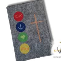 Gotteslobhülle Filz christliche Symbole Kommunion 2023 personalisierbar grau meliert Bild 2