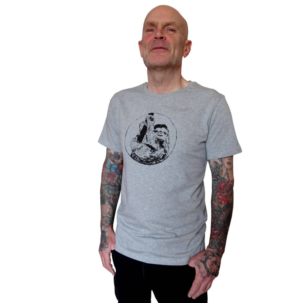 Faultier.  Bio fairtrade T-Shirt Männer, hellgrau. Siebdruck, handbedruckt. Bild 1