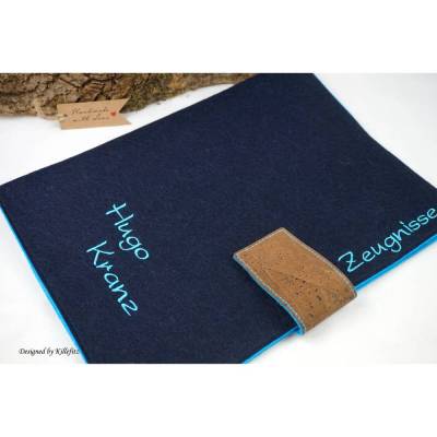 dunkelblaue Zeugnismappe Filz mit eingesticktem Namen, A4, tolle Geschenkidee zum Schulanfang, Einschulungsgeschenk