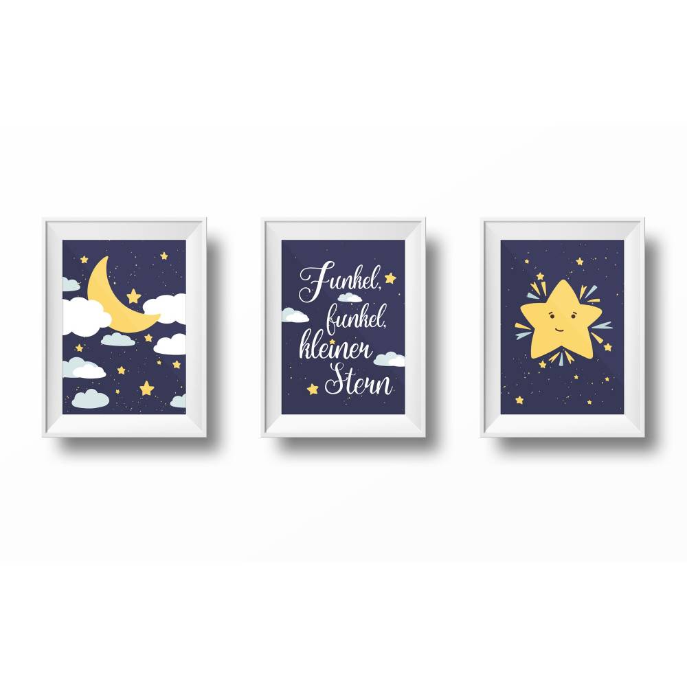 Sterne Kinderzimmer Poster Set, 3 Wandbilder für Kinder, Sonne