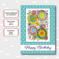 Geburtstagskarte Sofort-Download, jpg-Datei zum ausdrucken, in Format A5 +  A6, Kringel mint Bild 1