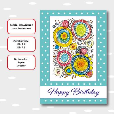 Geburtstagskarte zum ausdrucken, in Format A5 +  A6, Kringel mint, jpg