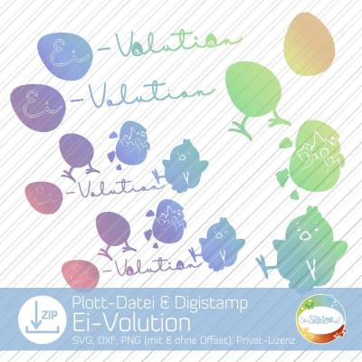 Plottdatei Ei-Volution, Plotter-Datei für Ostern mit Küken und Schriftzug, auch als Digistamp enthalten