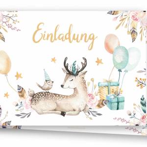 Aquarell Rehkitz Einladung, 12 Einladungskarten Bambi zum Kindergeburtstag Mädchen Junge, Einladungskarten Geburtstag Kl Bild 1