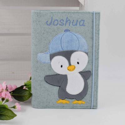 U-Heft Hülle Filz Pinguin mit Wunschname, Untersuchungsheft, Umschlag, Geschenk Geburt, Vorsorgeheft, Impfpass
